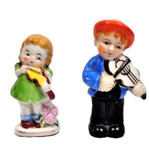 Pair Mini Porcelain Violin Music Boy & Girl Figurines 3" Japan Occupied Painted